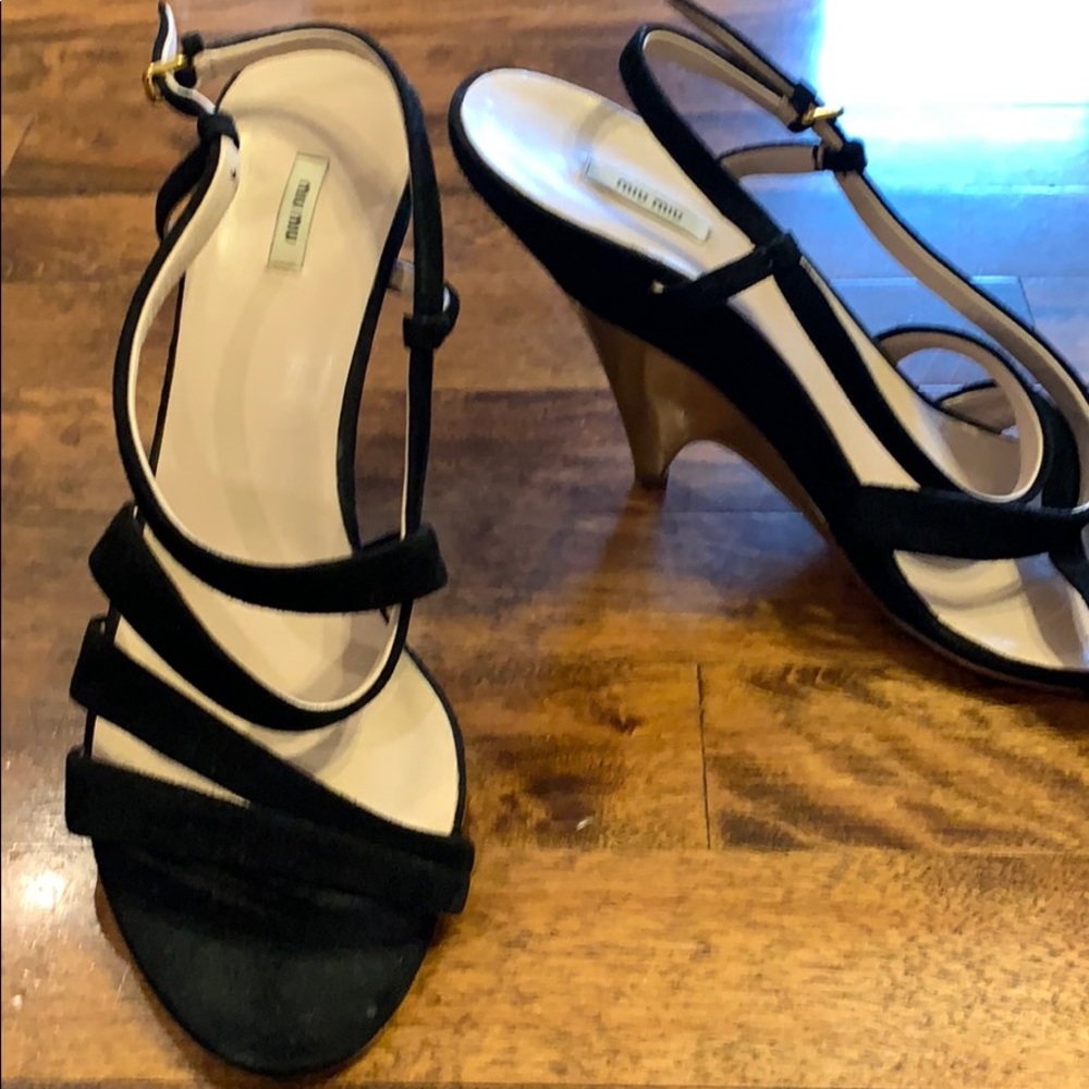 Suede Miu Miu open toe heels (gold heels)